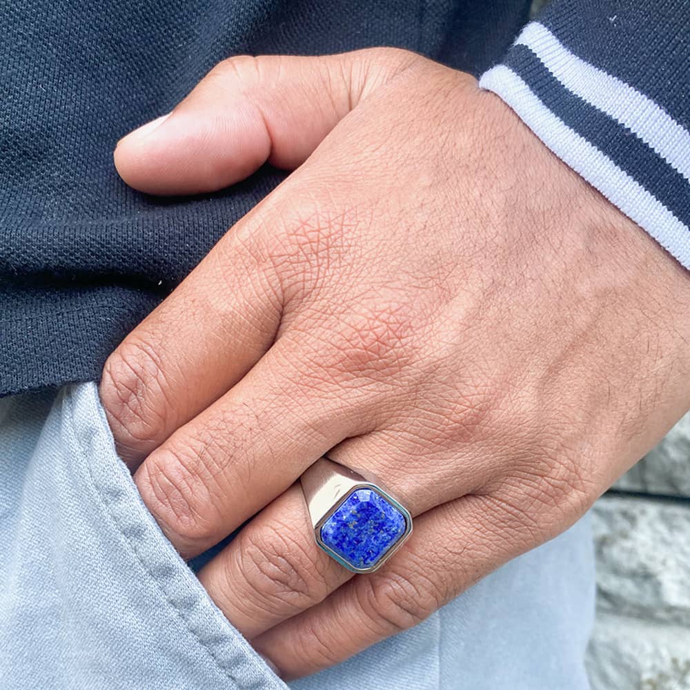 mens stainless steel silver ring with a lapiz lazuli stone