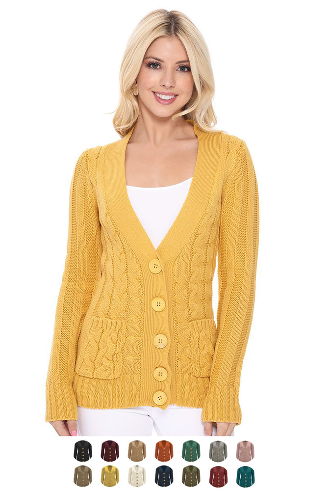 Women's Casual Long Sleeve Button Down Cable Knit Cardigan Sweater wit
