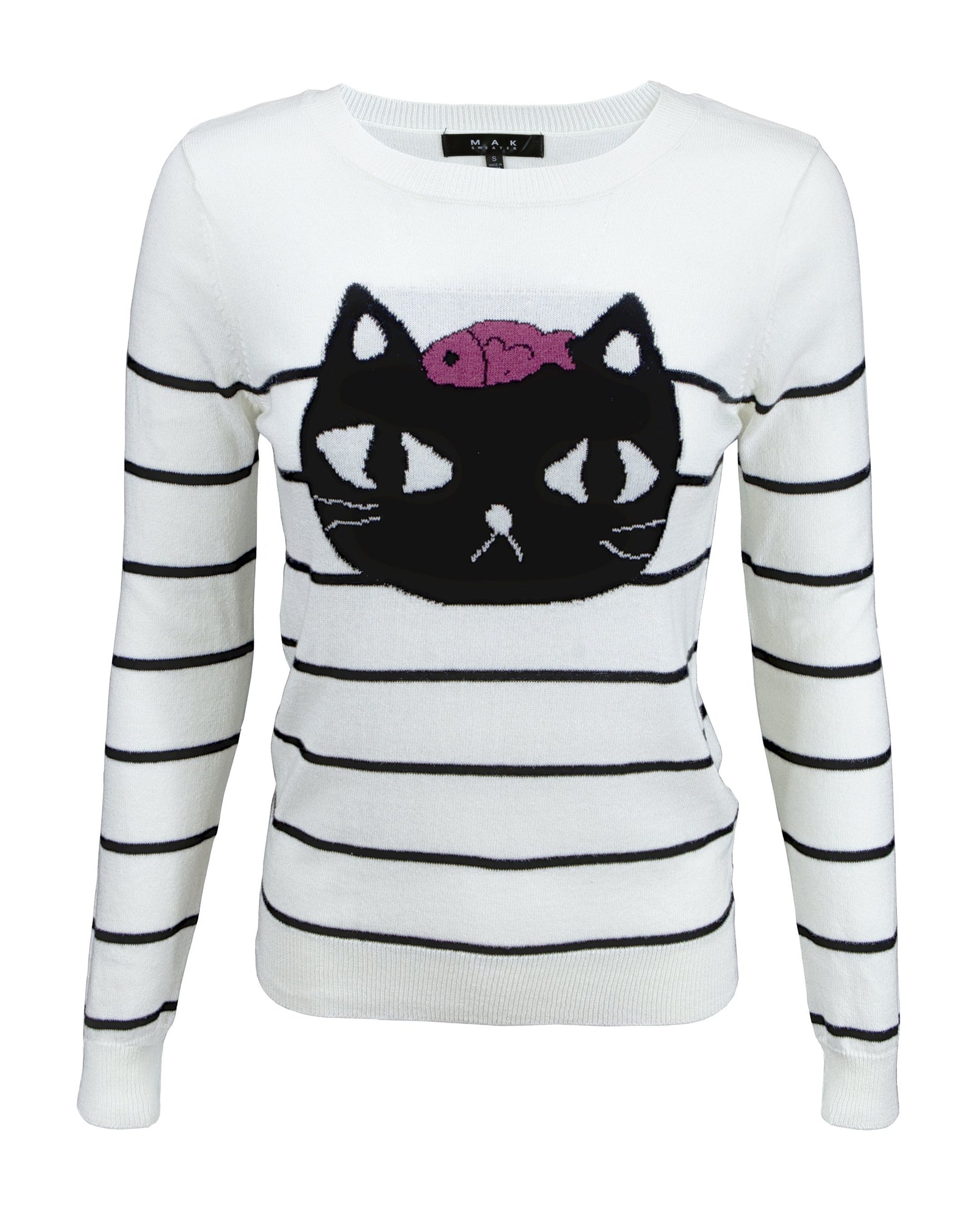 Adorable Black Cat Round Neck Casual Jacquard Sweater | YeMak Sweater