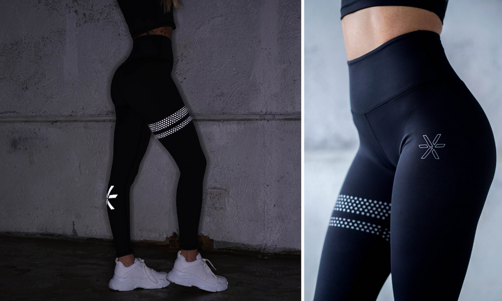 Woman in BARA Sportswear Reflective Shape Tights. One picture shows the tights in the dark and one picture shows the tights in daylight.