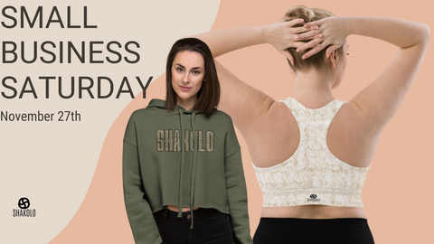 Small business saturday blog banner with two models on the cover wearing a sports bra and green crop hoodie
