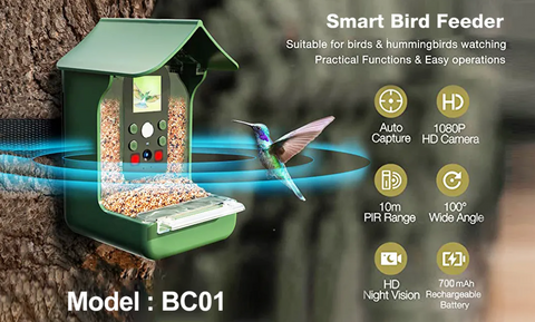 BC01 Smart Bird Feeder Camera, Hummingbird Watching Camera with Motion Detection & Auto Capture Bird, 100° Wide Angle & Waterproof 1080P HD