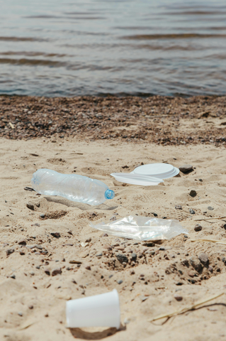 plastic water bottle, plate and cup on beach\