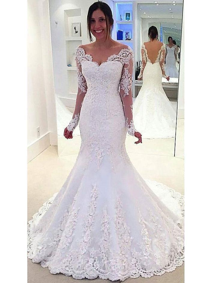 off the shoulder long sleeve mermaid wedding dress