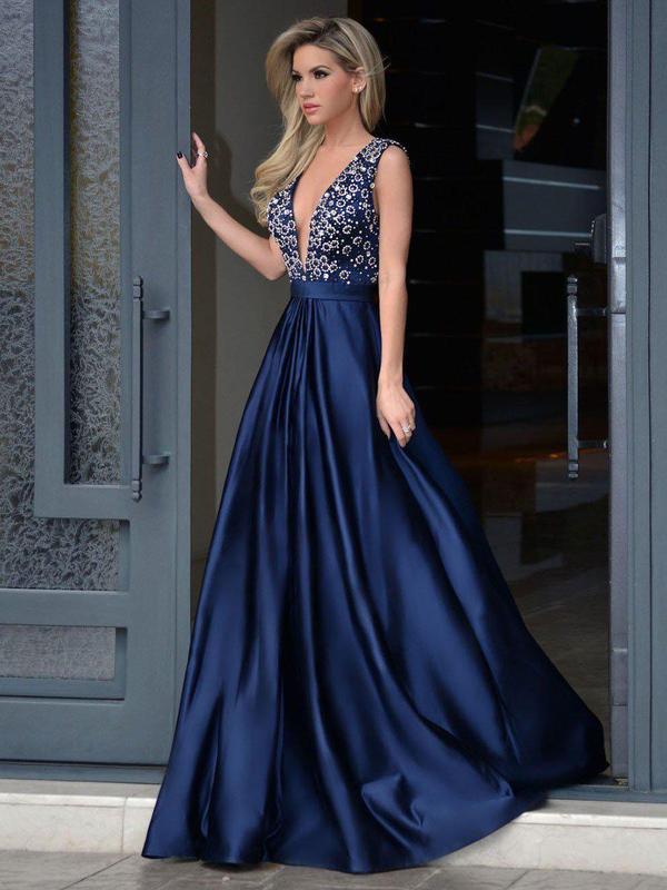 navy blue satin prom dress