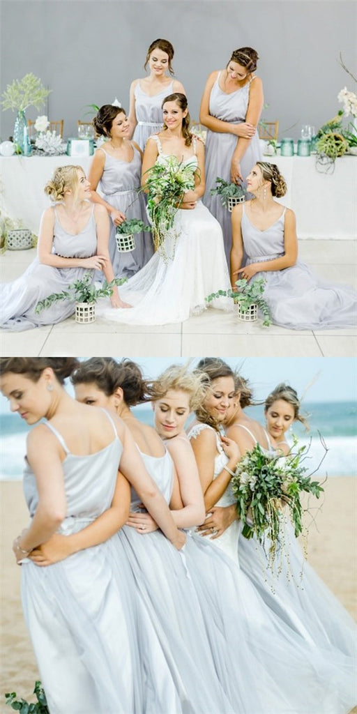 A-Line Spaghetti Straps Long Grey Tulle Cheap Bridesmaid Dresses Online, QB0015