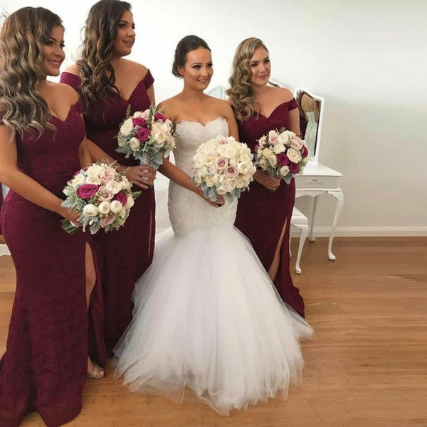 burgundy off the shoulder bridesmaid dress