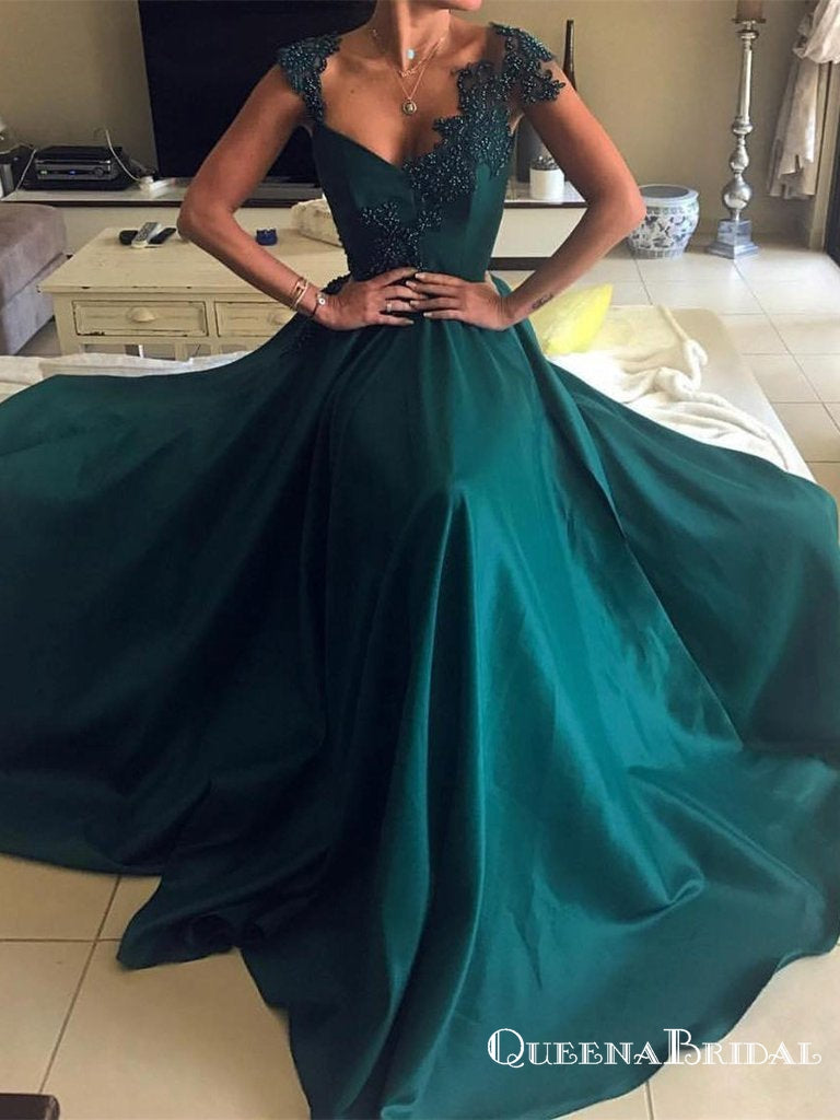 2021 Cap Sleeve Sleeves Emerald Green Evening Prom Dresses, QB0446 ...