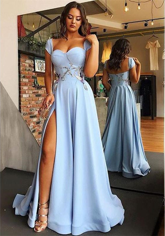 Cap Sleeves Side Slit Blue Sweetheart Long Evening Prom Dresses, QB043 ...