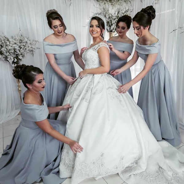 off the shoulder grey bridesmaid dresses