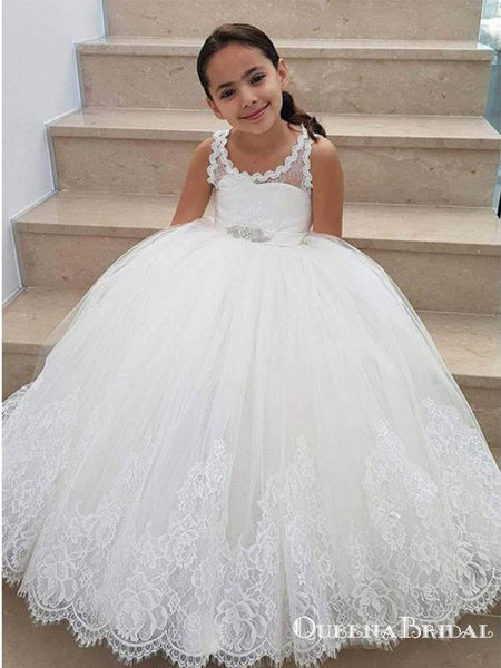 A Line Scoop Neck White Floor Length Flower Girl Dresses With