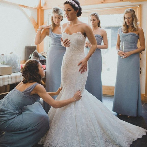 Sheath One Shoulder Long Cheap Light Blue Chiffon Bridesmaid Dresses