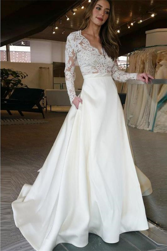 Long Sleeve Wedding Dresses See Through Lace Top Ivory Wedding Dresses ...