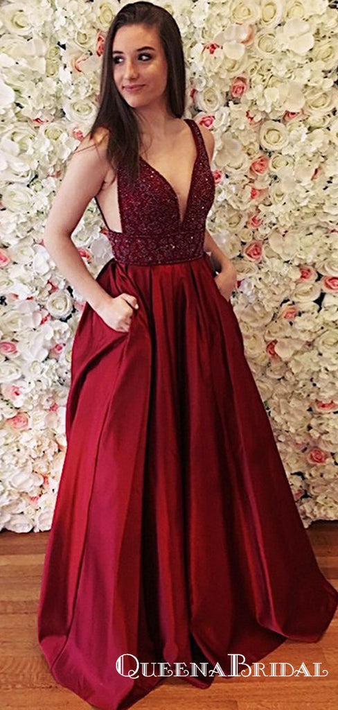 A-Line V-Neck Long Burgundy Satin Prom Dresses with Beading Pockets, Q ...