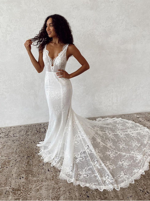 Elegant Halter Mermaid Lace Long Cheap Wedding Dresses, WDS0047