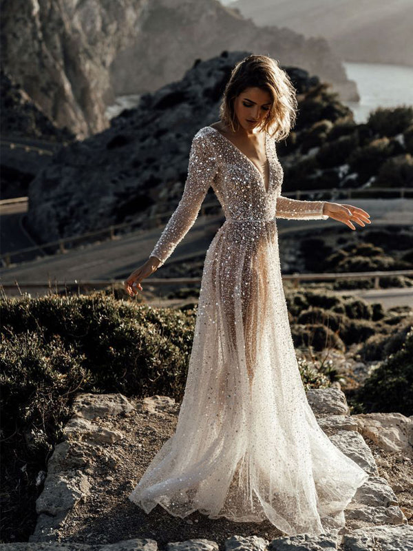 Sparkly V-neck Long Sleeve Sequin A-line Long Cheap Beach Wedding Dres ...