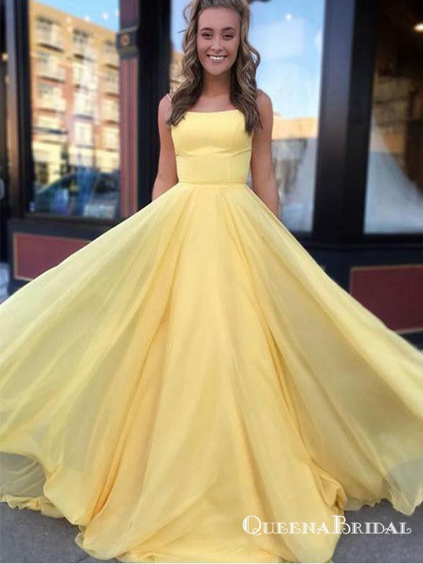 yellow spaghetti strap prom dress