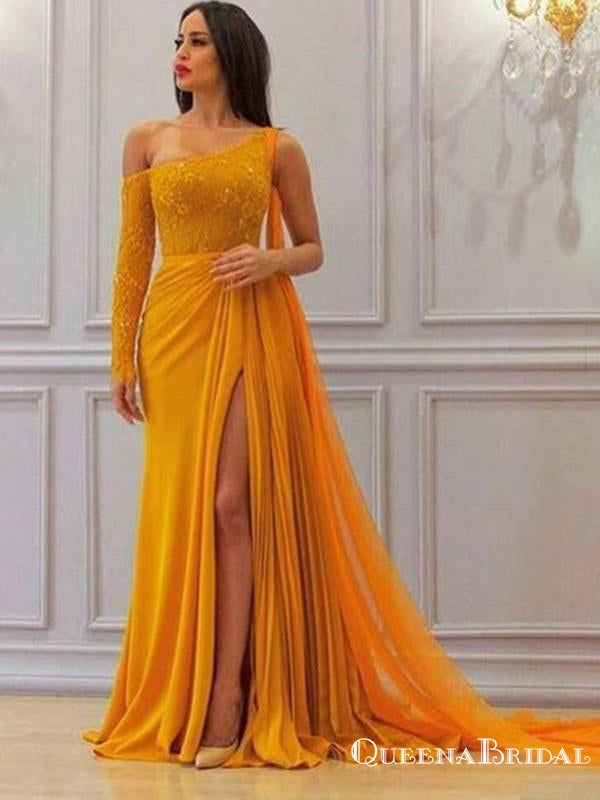 one shoulder yellow prom dress