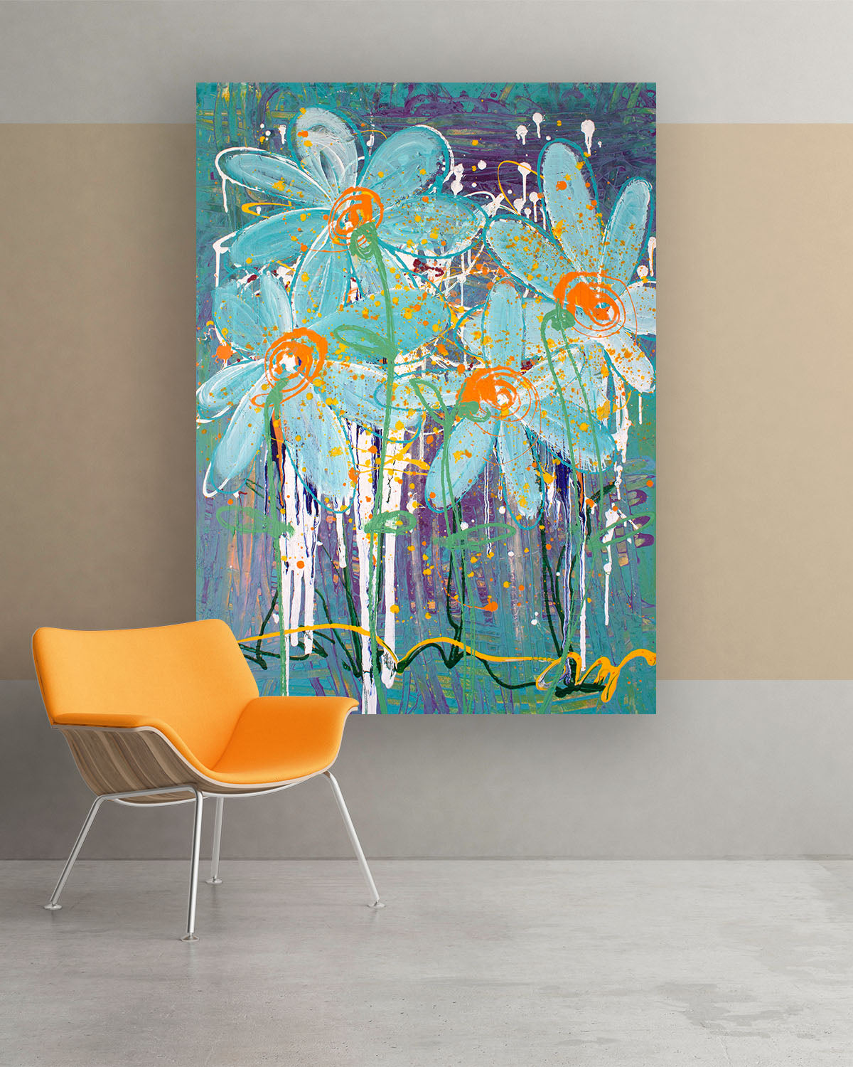 Blue Dandi, Original Abstract Flower Art Painting by Lisa Marie Jones