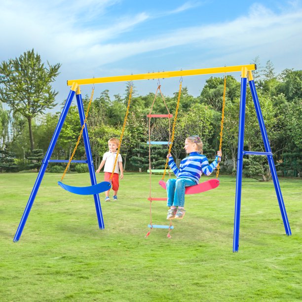 SUGIFT Toddler Swing Set with Climbing Ladder Outdoor Swing and Climbing Playset for Kids