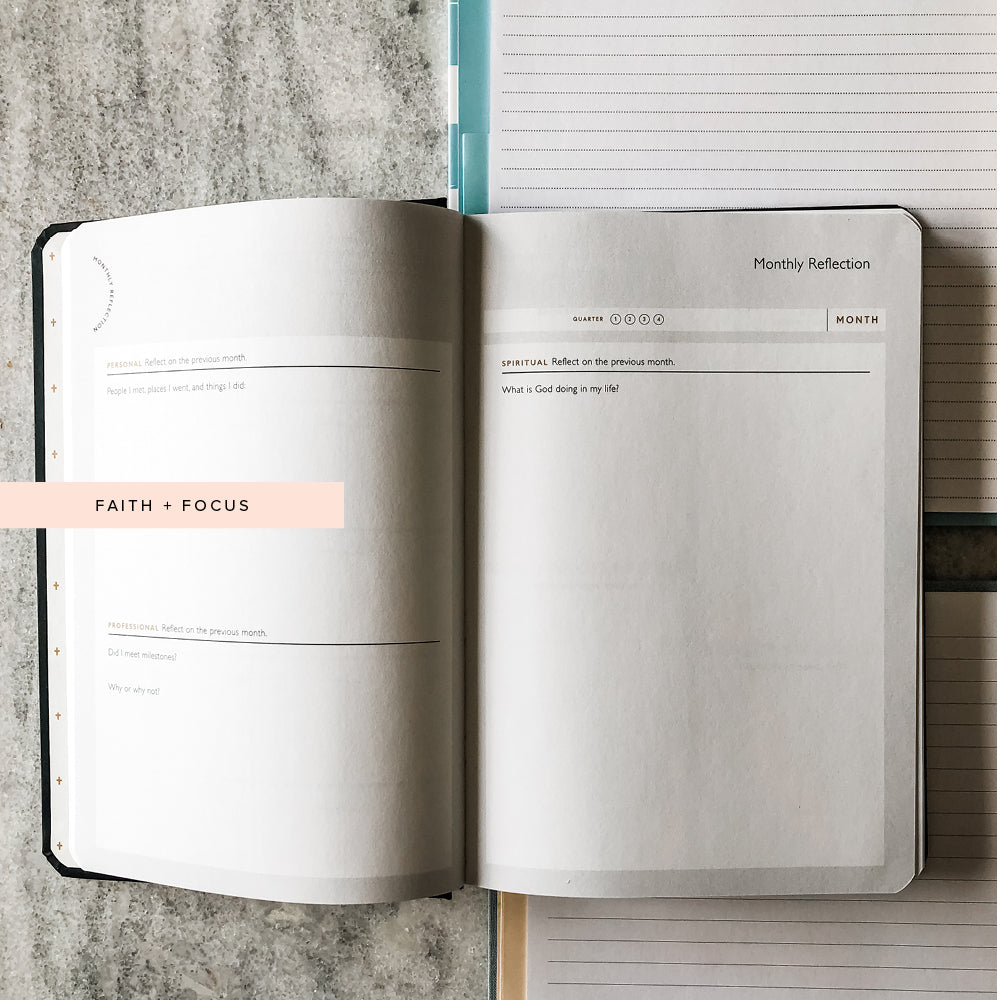 faith and focus 90 day planner monthly goals reflection close up view