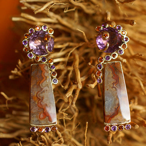 amethyst and jasper earrings in gold