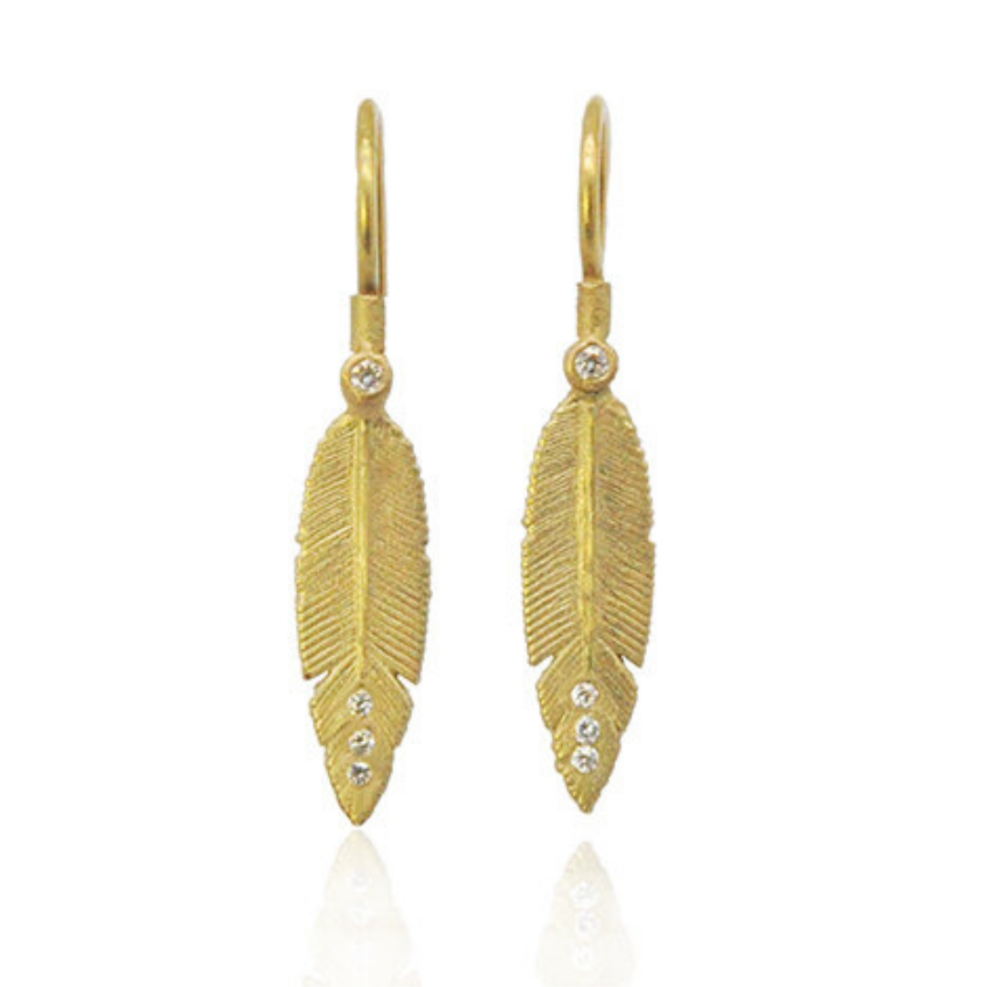 Small Gold Feather Earrings with Diamonds