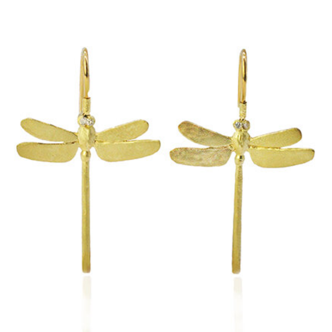 Gold Dragonfly Earrings with Diamond Eyes