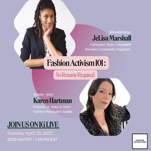 Fashion Revolution Week 2022- IG live event poster featuring JeLisa Marshall and Karen Hartman