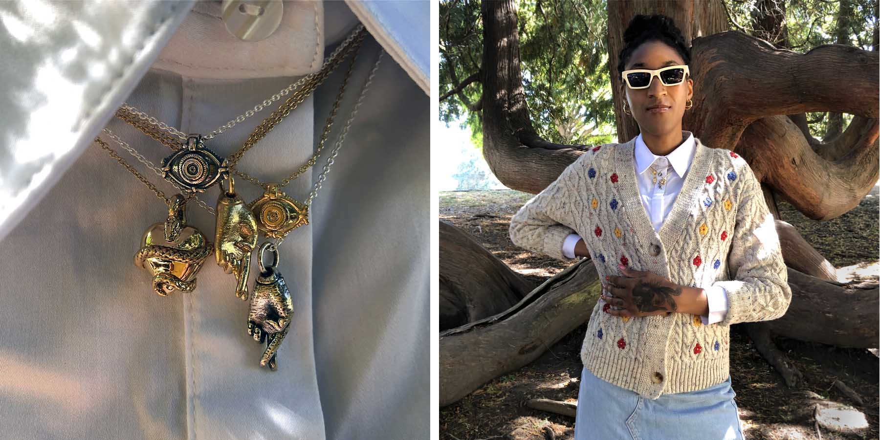 Two image layout. Left image is close up of 5 charm necklaces worn on top of a collared white shirt. Right image is model with dark skin wearing cream colored sweater with white collard shirt and denim skirt