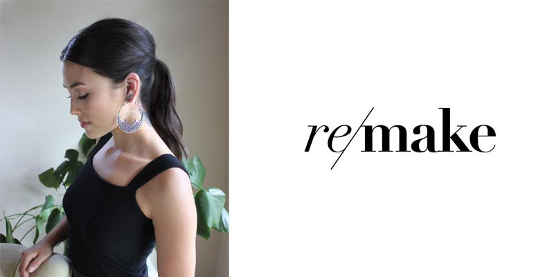 Remake ethical fashion advocacy. Left side of image is model wearing silver statement hoops by Astor & Orion. Right side of image is Remake logo.