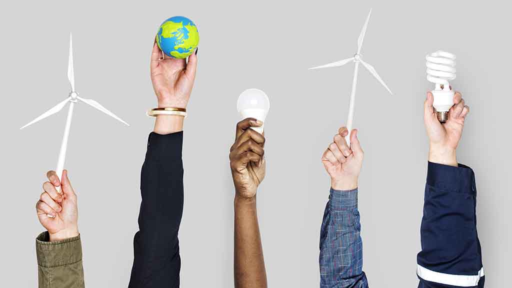 Sustainability. Hands each holding various objects such as led lightbulb, windmill, and globe