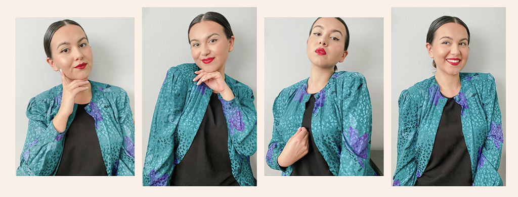 Sustainable and ethical fashion blogger Lesley-Anne. Multiple images of her posing in a bright green jacket.