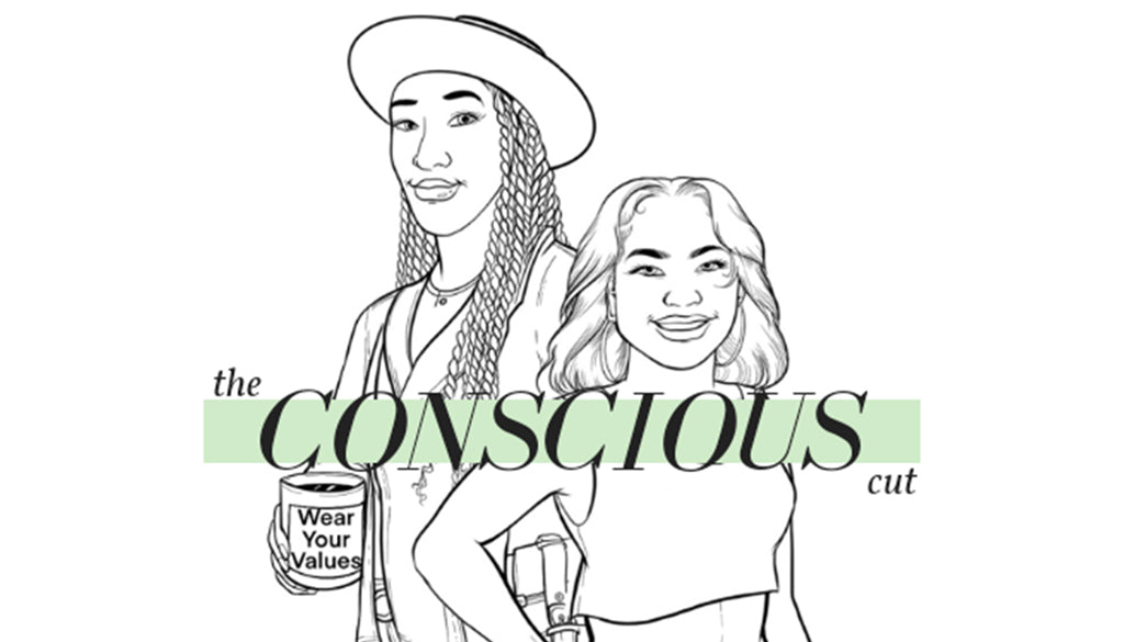 Podcast on Ethical Fashion, "The Conscious Cut". Cartoon style logo. Black lines on white background of the two hosts.