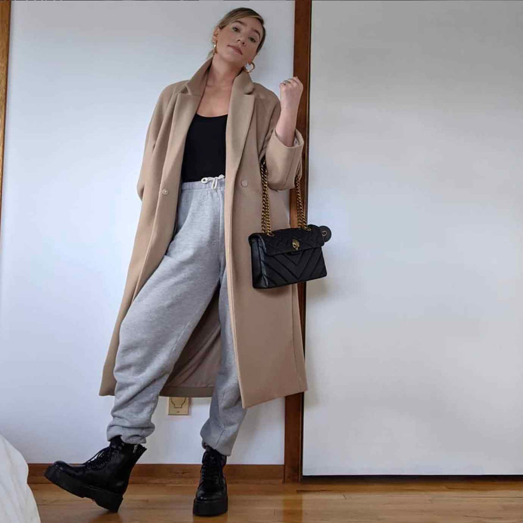How to style your capsule wardrobe basics including sweatpants, bodysuit and overcoat.