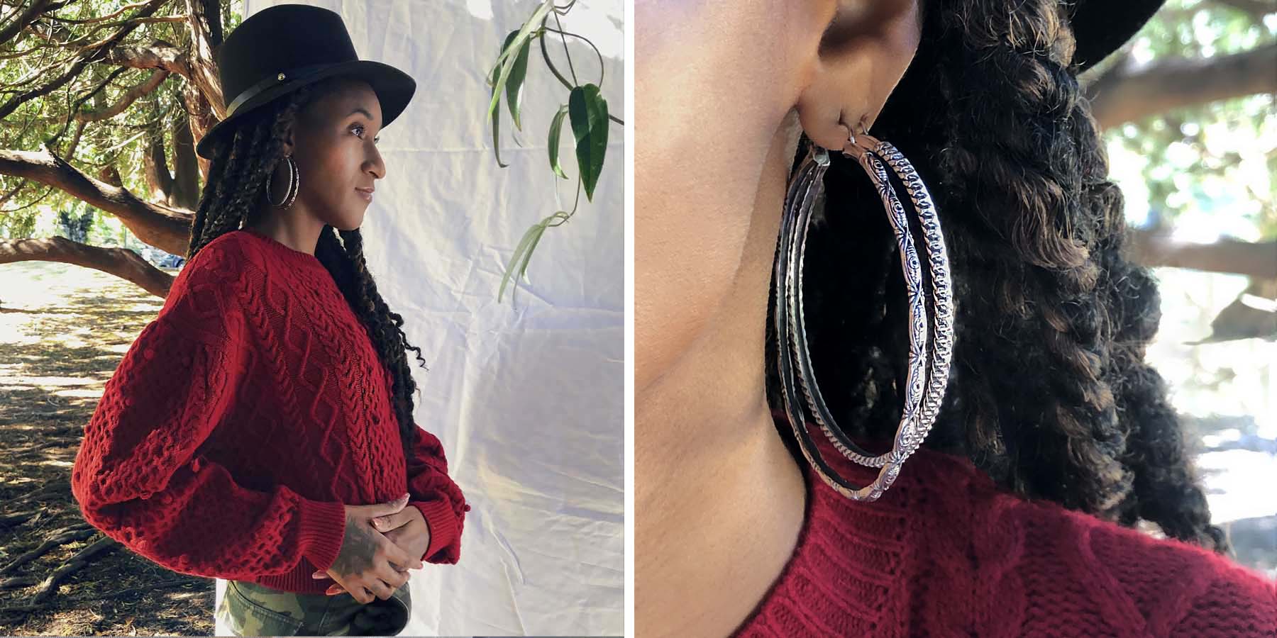 2 image layout. Left side model wearing red thick knit sweater with bell sleeves, black hat, and silver hoop earrings.