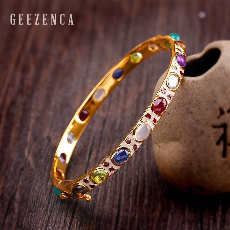 Planet+Gates+925+Sterling+Silver+Colored+Gemstones+Cloisonne+Handmade+Craft+Bangles+Vintage+Ethnic+Bracelet+Bangles+Fine+Jewelry+for+Women