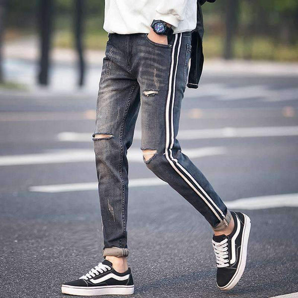 Børns dag sammensmeltning Meget Rippede jeans af høj kvalitet mænd forår 2018 nye slim fit hul herre jeans  Casual sidestribe design – Planet Gates