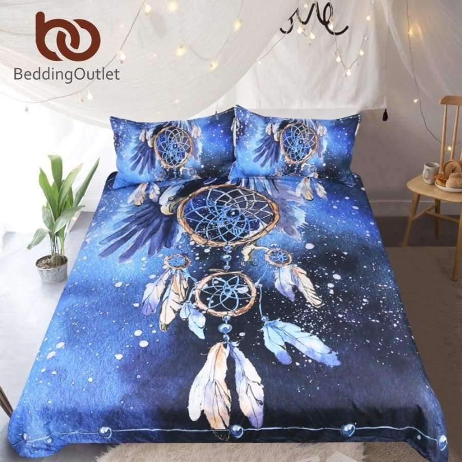 Planet+Gates+Bedding++Dreamcatcher+Bedding+Set+Queen+Size+Feather+Blue+Printed+Duvet+Cover+Boho+Bedclothes+3pcs+Bald+Eagle+Home+Textiles
