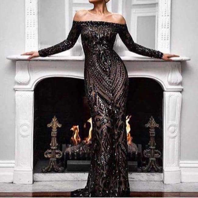 Planet+Gates+Black+/+2+Black+Sequins+Mermaid+Evening+Dress+Long+Sleeves+Off+Shoulder+Elegant+Women+Formal+Dress+Party+Prom+Dresses+2018