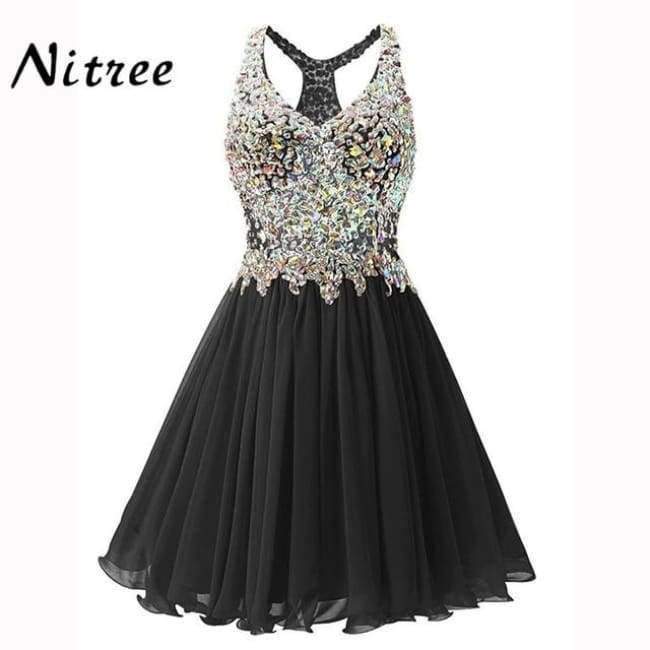 Planet+Gates+Black+/+2+V+Neck+Short+Cocktail+Dresses+Chiffon+Pleat+Ruffles+Beaded+Crystal+Rhinestone+Formal+Party+Dress+Real+Picture