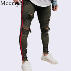 black ripped jeans with red stripe