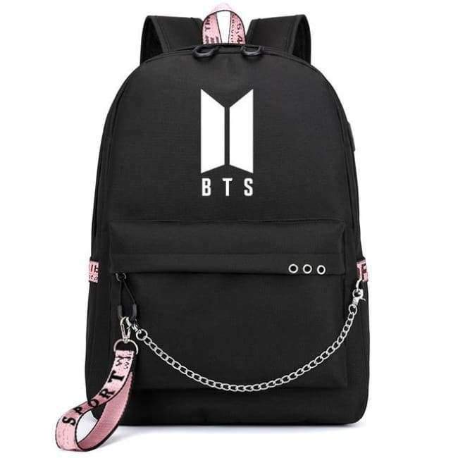 Planet+Gates+Black-A+Korean+Fashion+BTS+Bangtan+Boys+Letter+Backpack+LOVE+YOURSELF+USB+Charging+Travel+Bag+for+Teenager+Girls+Ribbon+Chains+Schoolbag