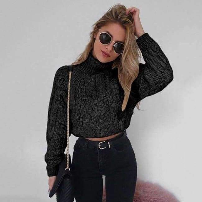 Planet+Gates+Black+/+L+Autumn+Winter+Turtleneck+Crop+Sweater+Women+Casual+Solid+Twist+Short+Pullover+Sexy+Thick+Jumper+LMM112