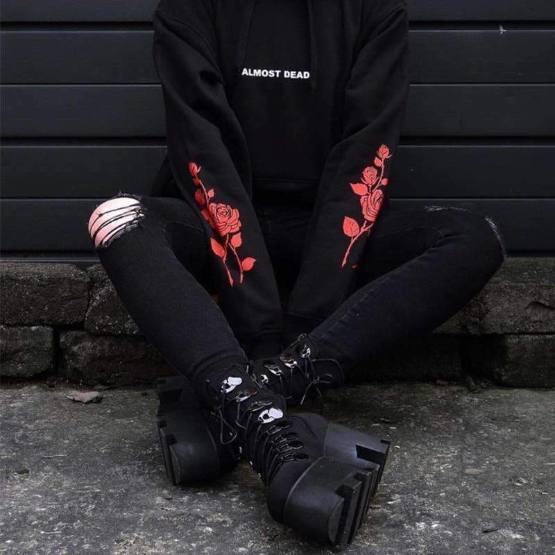 Planet+Gates+Black+/+L+Gothic+Hoodies+ALMOST+DEAD+Rose+Pattern+Sweatshirt+Black+Unisex+Pullover+Tumblr+Hispter+Tops