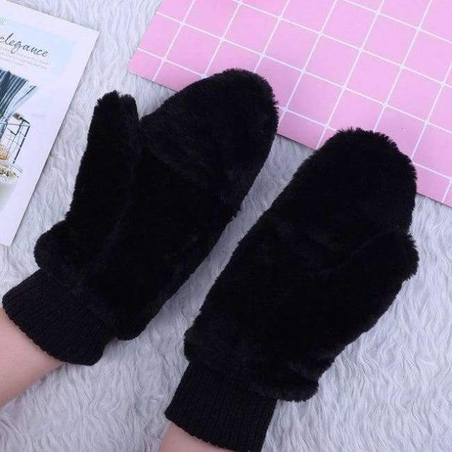 Planet+Gates+black+/+One+Size+Winter+Thickened+Cute+Whole+Covered+Finger+Mittens+For+Women+Plush+Gloves+Fluffy+Rabbit+Dual-layer+Hang+On+Neck+Type+Mittens