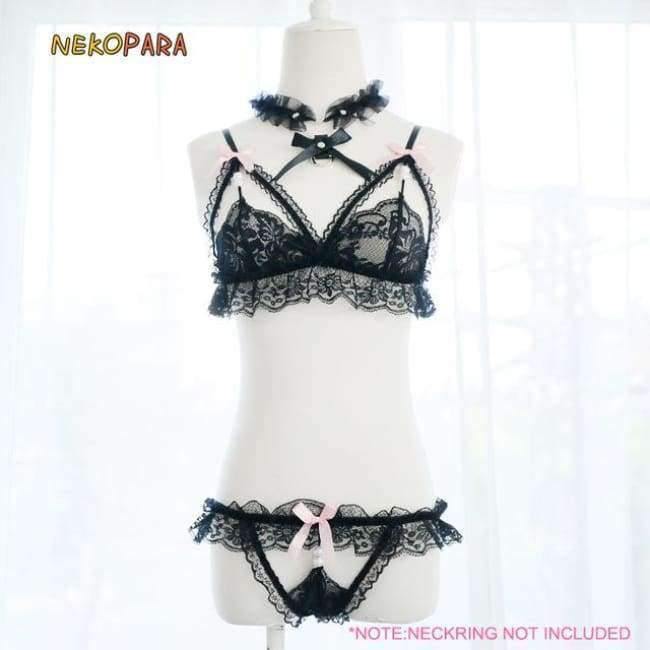 Planet+Gates+Black+/+One+Size+Women's+Lingerie+2PCS+Set+Bra+&+Panties+Set+Transparent+Lace+Bikini+Pearl+Bows+Cute+Exotic+Apparel+Black+&+White