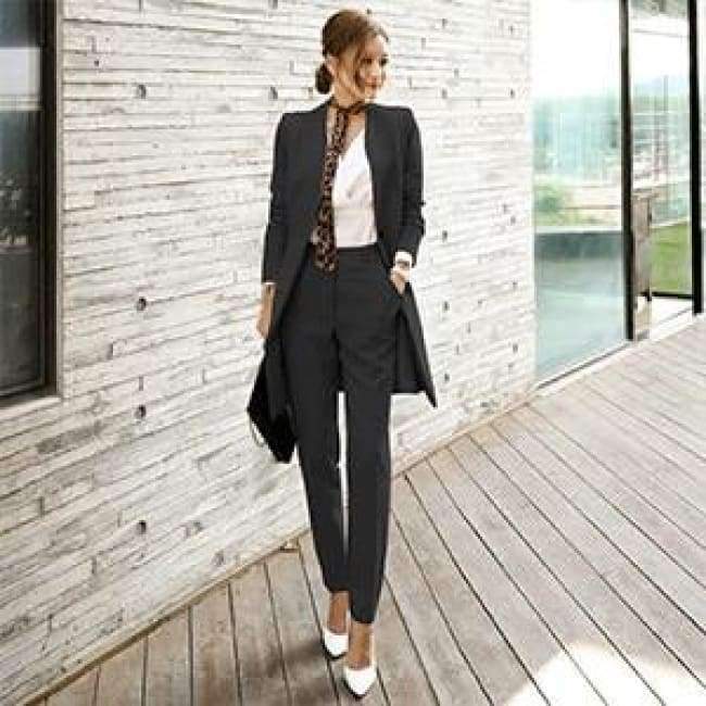 Planet+Gates+black+/+S+Suits+For+Women+Blazer+Set+Autumn+Lady+Business+Office+Work+Korean+Style+Uniform+V-neck+Long+Jacket+Elegant+Pants+Suits