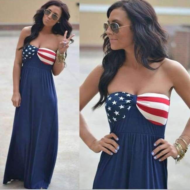 Planet+Gates+Blue+/+S+New+Sexy+Strapless+Maxi+Dresses+Summer+American+flag+Beach+Long+Dress++For+Women+Boho+Slim+Event+Party+Sundress