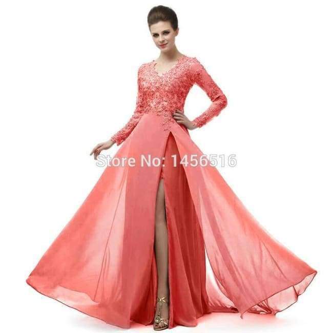 Planet+Gates+Coral+/+6+Long+Sleeve+A+Line+V+Neck+Chiffon+Lace+Beaded+Long+Evening+Dresses+2018+Robe+De+Soiree+Manche+Longue+122416W